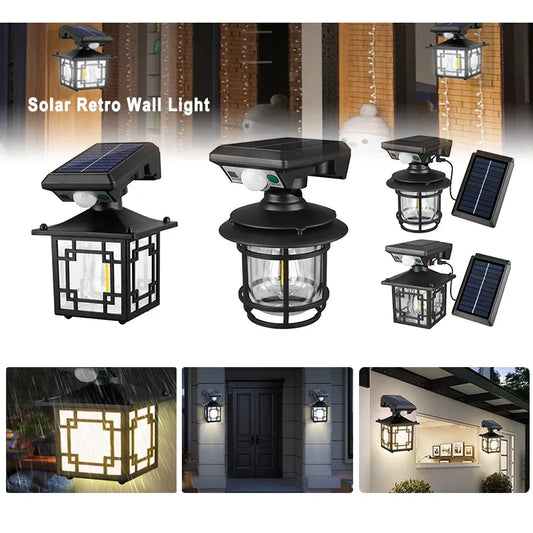 Retro Solar Outdoor Wall Lamp IP65 Waterproof Yard Decorative LED Light with Motion Sensor for Garden Street Patio Home Lighting