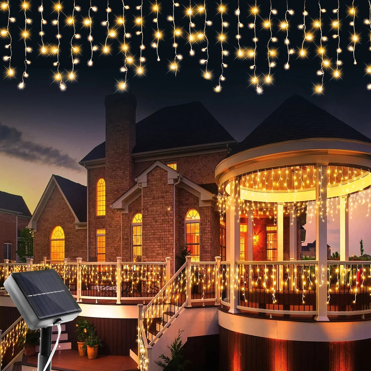 NEW Solar Christmas Icicle Lights 162/96 LED 8 Modes Waterproof Curtain String Lights for Outdoor Garden Room Holiday Lighting