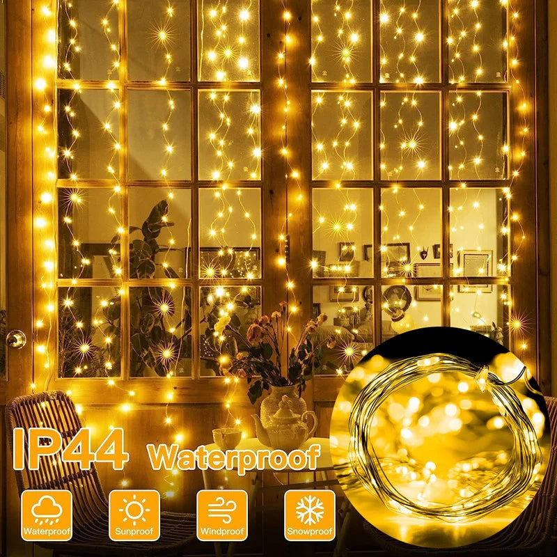 Solar LED Curtain Light Outdoor Garland Solar Fairy String Light Pavilion Garden Party Holiday Christmas