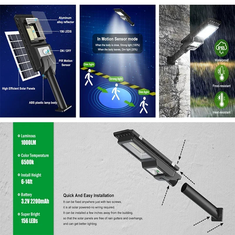 2 pecs Solar Street Light Super Bright Outdoor 156LED Wall Lamp Waterproof Motion Sensor Garage Garden Fence