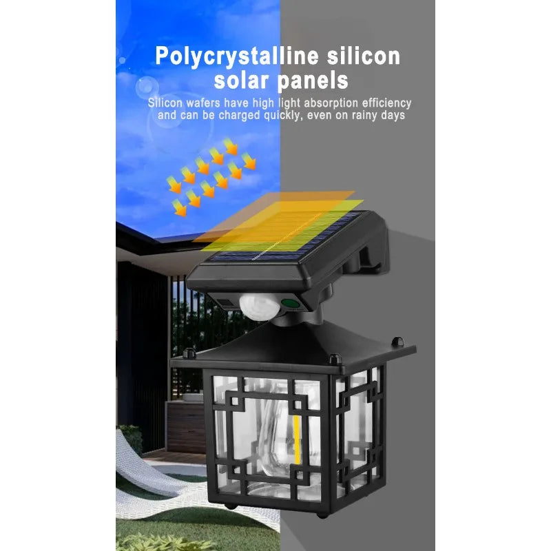 Retro Solar Outdoor Wall Lamp IP65 Waterproof Yard Decorative LED Light with Motion Sensor for Garden Street Patio Home Lighting