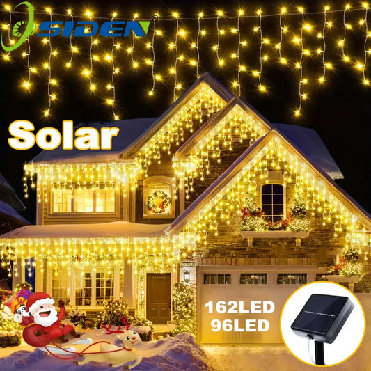 NEW Solar Christmas Icicle Lights 162/96 LED 8 Modes Waterproof Curtain String Lights for Outdoor Garden Room Holiday Lighting