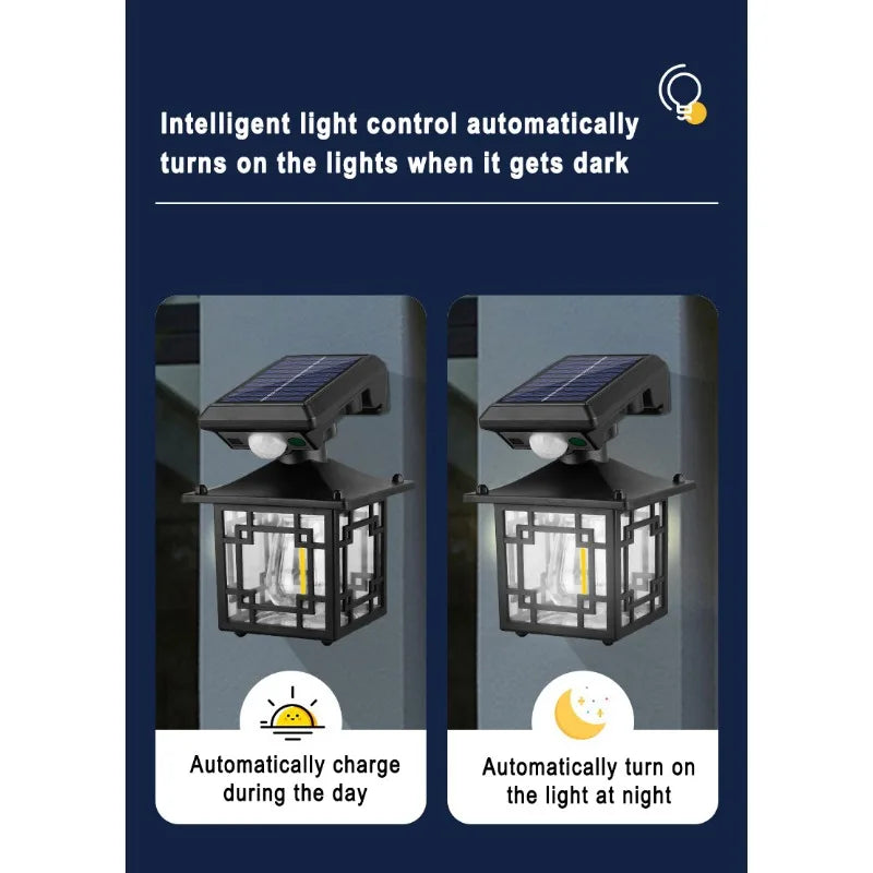 Retro Solar Outdoor Wall Lamp IP65 Waterproof Yard Decorative LED Light with Motion Sensor for Garden Street Patio Home Lighting