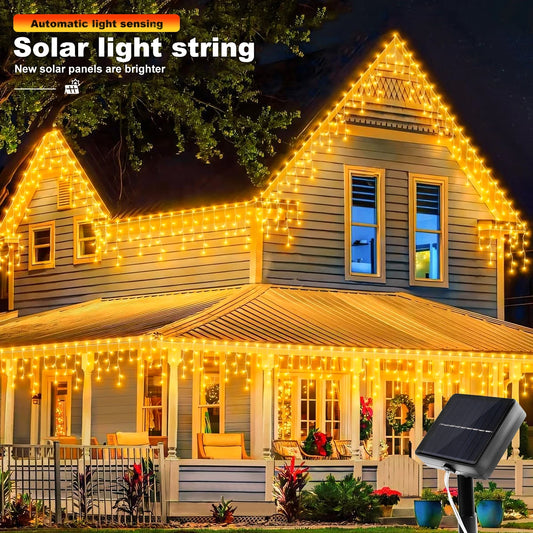 NEW Solar Christmas Icicle Lights 162/96 LED 8 Modes Waterproof Curtain String Lights for Outdoor Garden Room Holiday Lighting